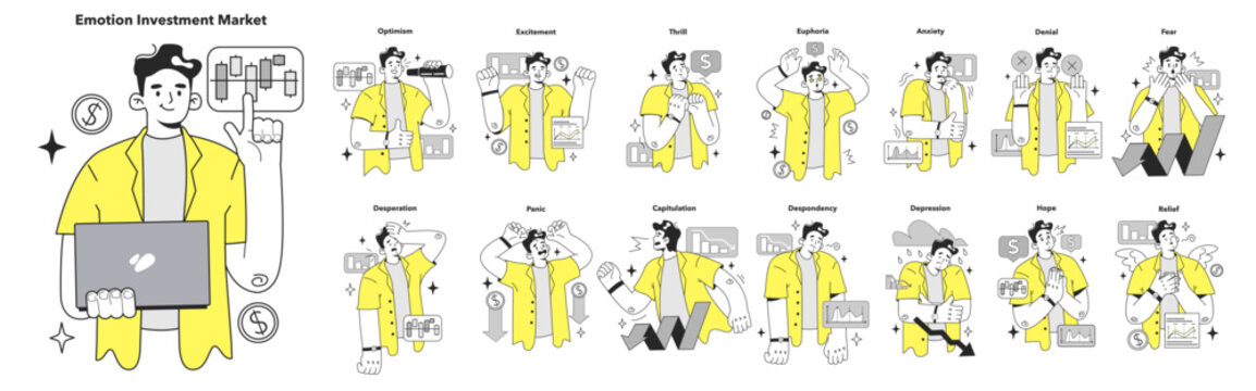 Cycle of investor emotions set. Emotions and feelings of character