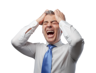 Angry businessman shouting with head in hands