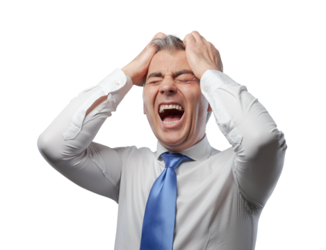 Angry businessman shouting with head in hands - Powered by Adobe