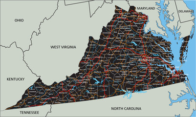 High detailed Virginia road map with labeling. - 578286728