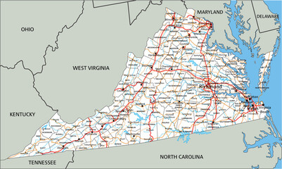 High detailed Virginia road map with labeling. - 578286748