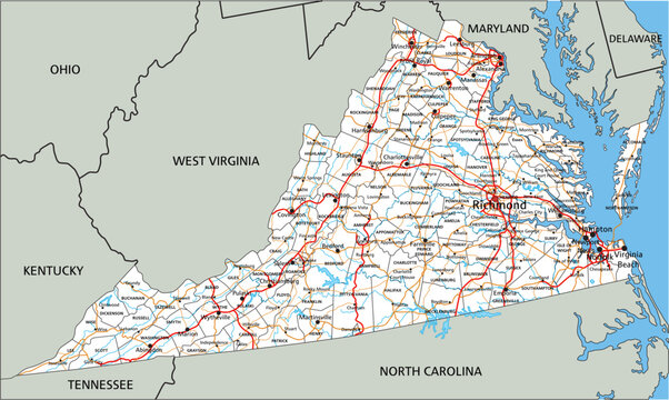 High detailed Virginia road map with labeling.