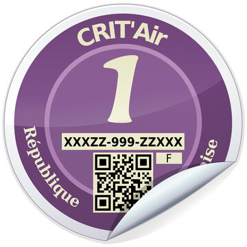 Rounded sticker of a category 1 purple crit'air label, classification of CO2 emissions from vehicles in France (isolated)