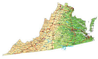 High detailed Virginia physical map with labeling.