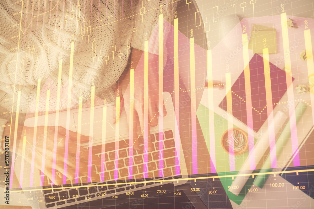 Poster multi exposure of woman hands working on computer and forex chart hologram drawing. top view. financ