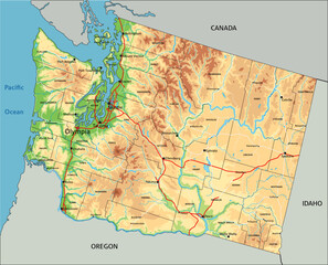 Highly detailed Washington physical map with labeling.