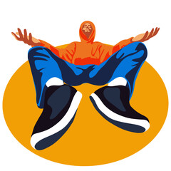 A modern trendy guy in big sneakers. A stylish young guy is sitting . Discount, Black Friday or seasonal sale, promotion. A bright, modern advertising banner with a fashionable sale of stylish things