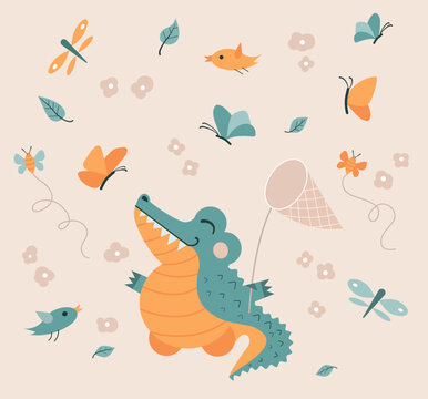 Crocodile with a net catches butterflies and dragonflies illustration. Animal background for textiles, prints, children's things. Vector cute character. Birds and leaves swirling on pink background. 