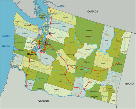 Highly detailed editable political map with separated layers. Washington.