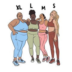 Four women in tracksuits, different shapes, skin tones and hair color. The concept of body positivity and diversity. Different girls, different bodies, different sizes. Advertising of a gym