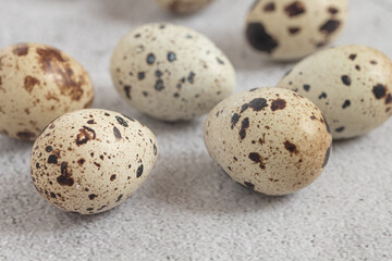 Obraz premium Easter quail eggs. Spring background with small easter quail eggs. Vintage photo processing