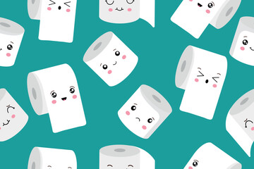 Seamless pattern with cute kawaii cartoon toilet paper rolls with faces. Vector 