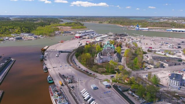 Turku, Finland: Aerial view of Nordic city in spring, Turku Castle (Turun linna) - landscape panorama of Northern Europe from above