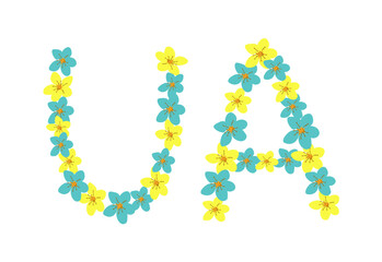 Florals logo of Ukraine. Flowers letters UA in yellow and blue colors, vector eps 10