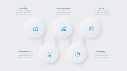 Five circles neumorphism infographic illustration with 4 steps.