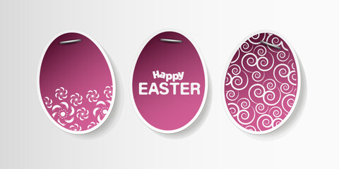 Set of Three Purple Lit Stapled Painted,Patterned Paper Easter Eggs - Wide Scale Easter Card Template for Web, Clip-Art on Light Background, Illustration in Freely Scalable and Editable Vector Format