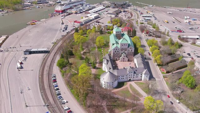 Turku, Finland: Aerial view of Nordic city in spring, Turku Castle (Turun linna) - landscape panorama of Northern Europe from above