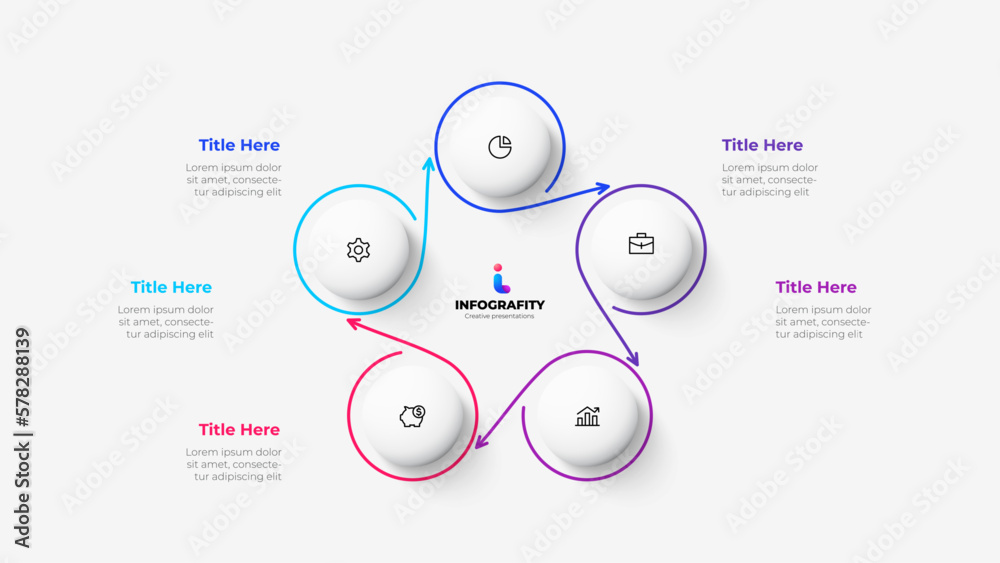 Poster Cycle diagram with 5 options or steps. Infographic template. Five white circles with thin lines