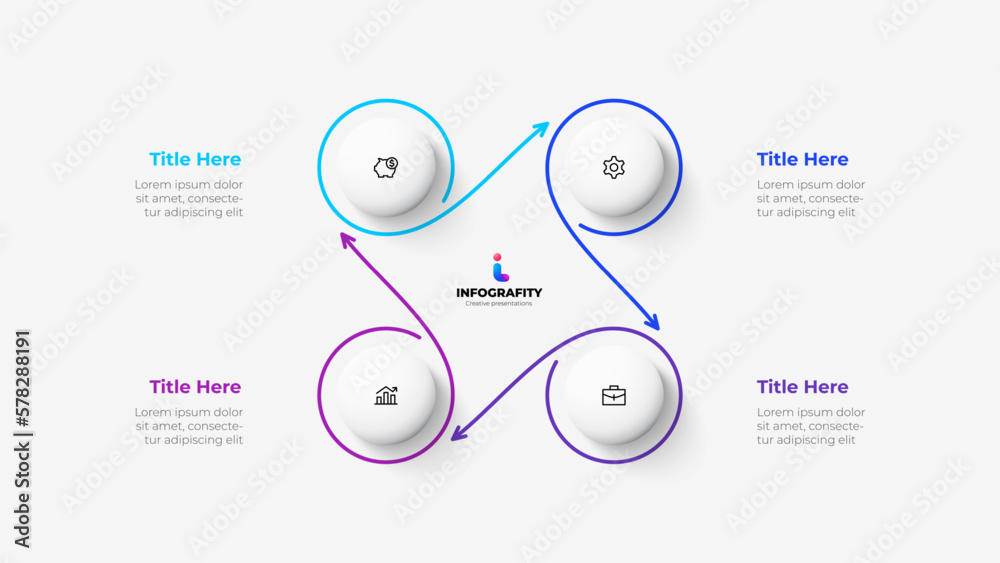 Poster cycle diagram with 4 options or steps. infographic template. four white circles with thin lines