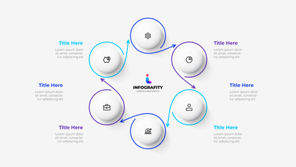 Cycle diagram with 6 options or steps. Infographic template. Six white circles with thin lines