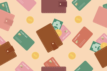 Seamless pattern, background of multicolored wallet icons. Leather wallet with credit cards and dollars. Vector 