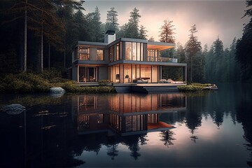Schönes freistehendes Haus am See, Entspannung in freier Natur, ai generativ