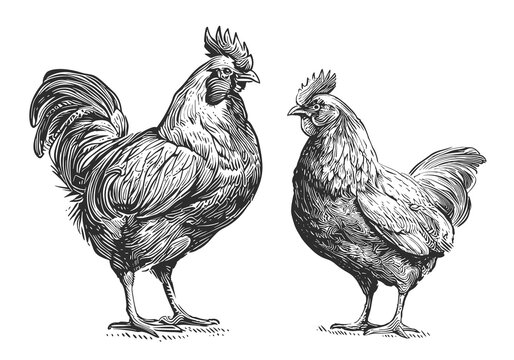 Rooster and Hen. Hand drawn Chicken in vintage engraving style. Generative AI. Poultry farm, animals sketch illustration