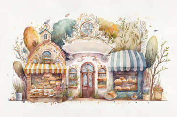 Watercolor illustration of cosy bakery shop exterior with blank signboard. Beautiful pastry store with showcases, watercolour graphic drawing. AI used for sketch; Image edited and retouched manually