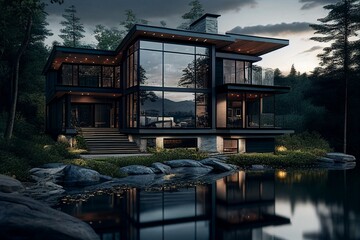 Obraz premium Schönes freistehendes Haus am See, Entspannung in freier Natur, ai generativ