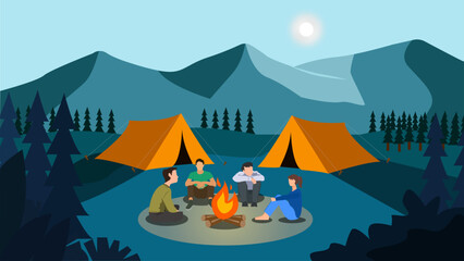 Fototapeta na wymiar Vector graphic illustration of night camp with people on campfire and tent.
