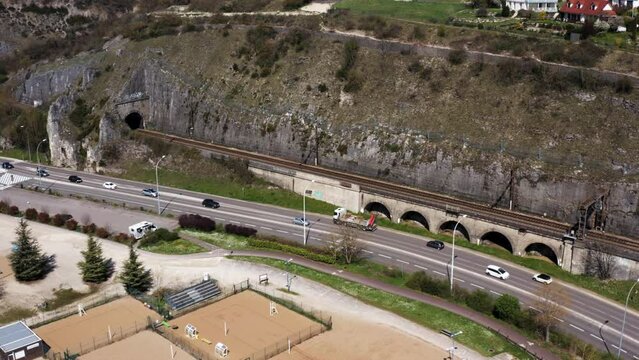 Construction truck and traffic (4k 30p Drone)