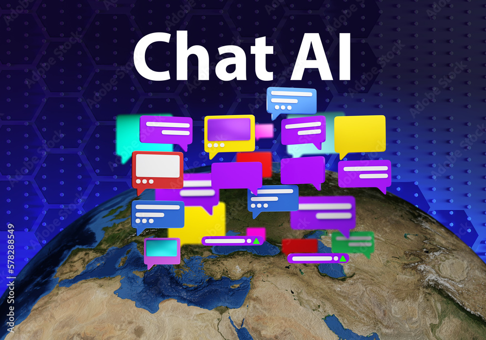Poster chat ai. clouds messages over planet. chat ai technology. artificial intelligence. neural network to
