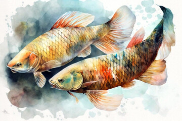 Watercolor arowana fishes isolated on white background. Generative AI illustration