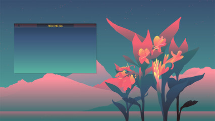 Tropical flower in aesthetic space mountain landscape with OS message box style for placing text, soft tint pastel color