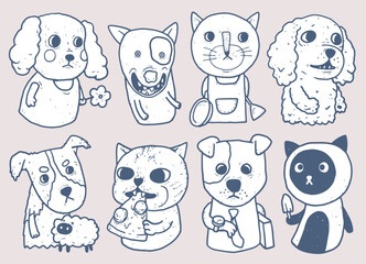cats and dogs characters doodle style in pastel mono color, cartoon in everyday life concept