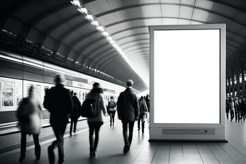 An empty blank billboard or advertising poster in a train station with blurred people. Generative ai