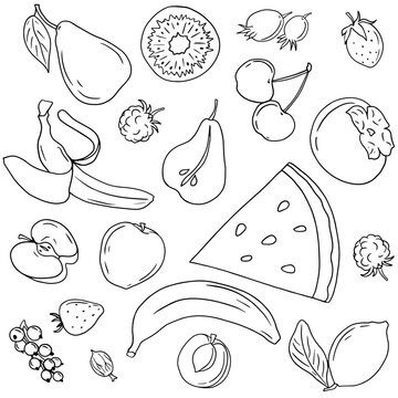 Natural product. Set of various doodles, hand drawn rough simple sketches of different kinds of fruits and berries. Vector freehand illustration isolated on white background