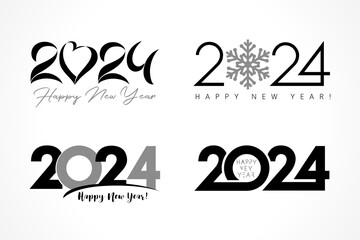 Big Set of 2024, text design logo with snowflake, heart and inscription. Happy New Year 2024, isolated graphic template symbols. Creative vector Christmas decoration 