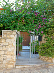 Fototapeta na wymiar A vintage house main entrance with stone fence and green foliage by the sidewalk.
