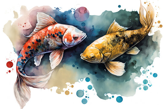 Two koi fishes with watercolor style on white background. Generative AI illustration