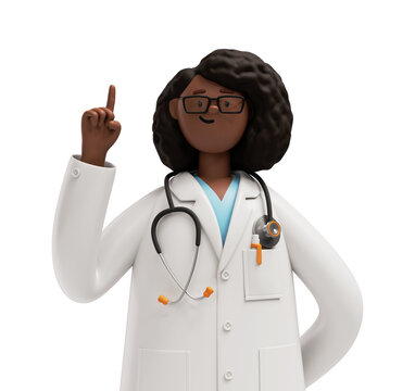 3d Rendering. African Woman Doctor In Glasses With Finger Up, Healthcare Professional. Black Female Cartoon Character. Medical Illustration, Idea Concept