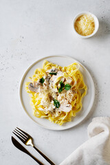 Pasta mushrooms with chicken, parmesa and basil