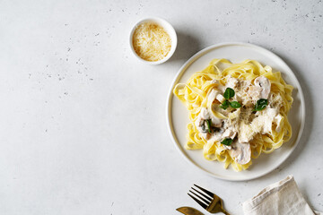 Pasta mushrooms with chicken, parmesa and basil