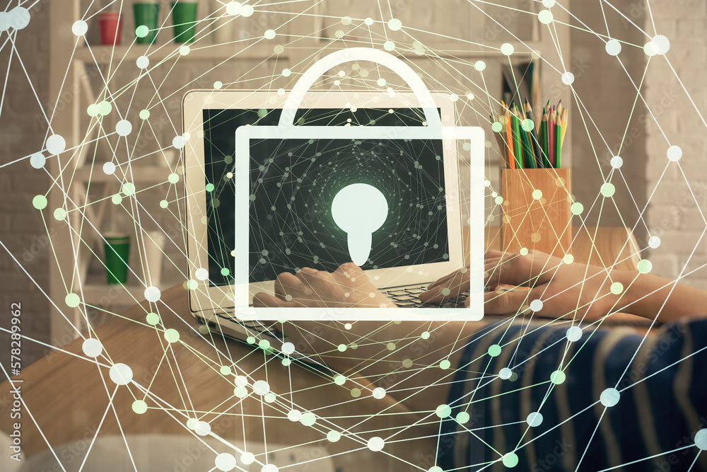 Poster double exposure of woman hands working on computer and lock hologram drawing. security concept.