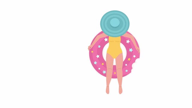 Animated lady on inflatable donut. Sunbathing in swimming pool. Vacation. Flat character animation on white background with alpha channel transparency. Color cartoon style 4K video footage