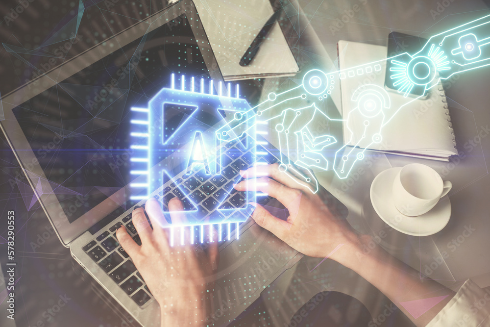 Aufkleber Double exposure of woman hands working on computer and data theme hologram drawing. Tech concept.