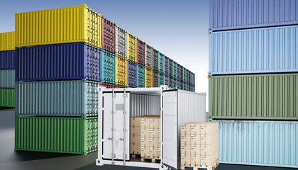 Fototapeta premium Container warehouse. Harbor territory with sea containers. Open-air warehouse. Open container with cardboard boxes. Twenty-foot containers are chopped on street. Port zone. 3d image