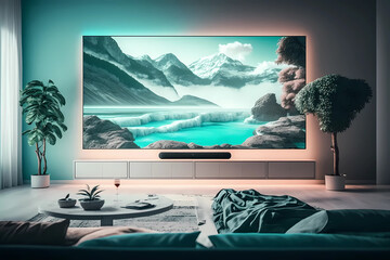 Elegant living room with big tv. Pastel color interior design. Generative ai.