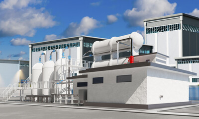 Chemical manufacturing. Factory with storage tanks. Innovative manufactory. Industrial enterprise with light facade. Modern plant on summer day. Exterior of industrial company. 3d image
