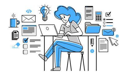 Intellectual worker woman making analysis of some data on pc or web, data systematization, collecting and analyzing information, vector outline illustration.